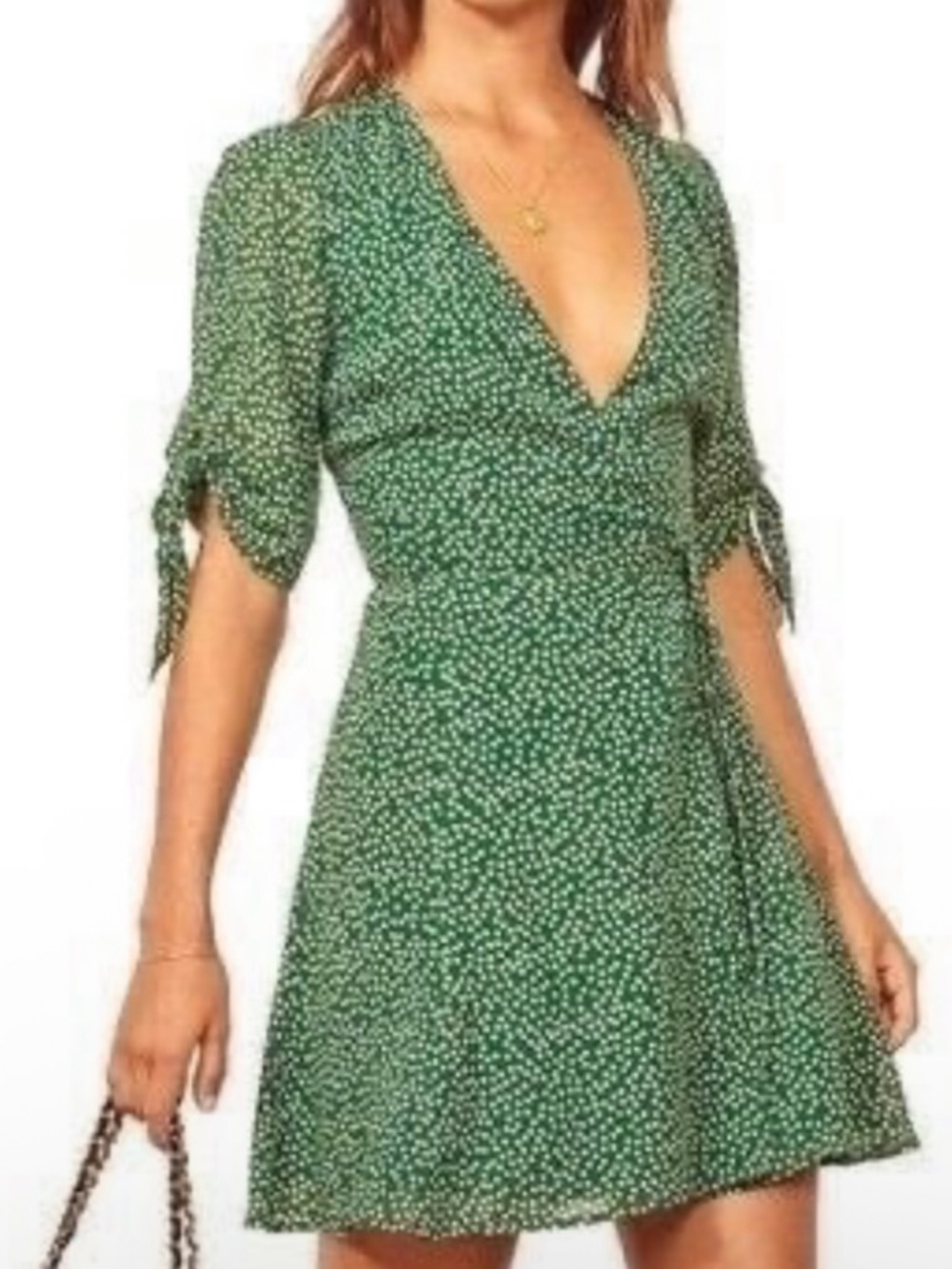 Reformation green daisy floral wrap mini dress tied sleeves size small 4 6
